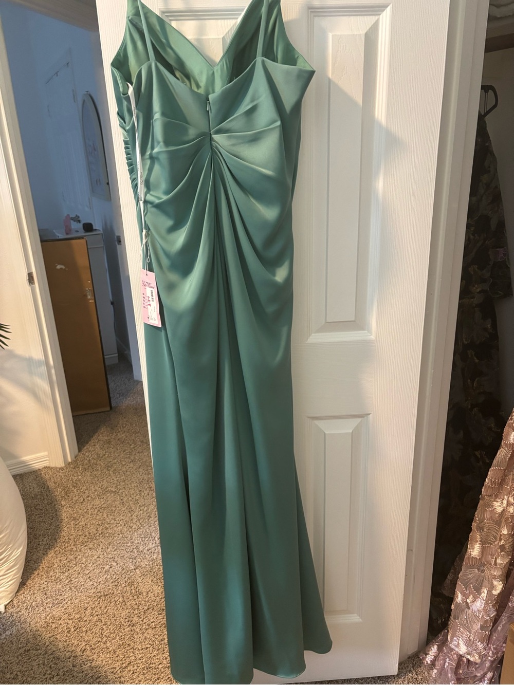 DaVinci Sage Green Satin Ruched V-Neck Wedding Dress